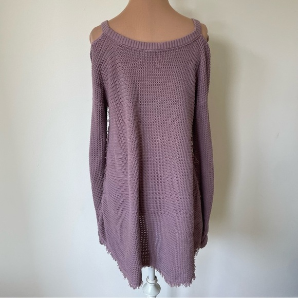 FREE PEOPLE Moonshine Cold Shoulder Waffle Knit Purple V-Neck Sweater Size Small - Picture 4 of 10